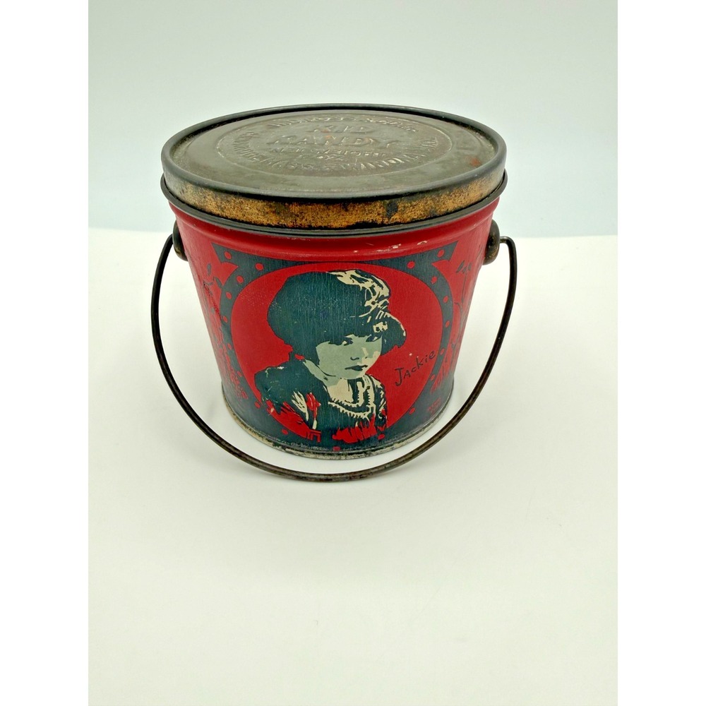 1920's‎ Jackie Coogan 3.5 In Tin Litho Kid Kandy Pail HD Foss & Co. Orange/Black
